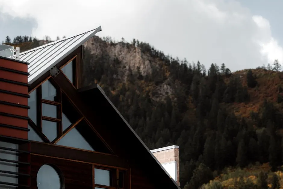 A modern house with a metal roof against a backdrop of autumnal trees and mountains.